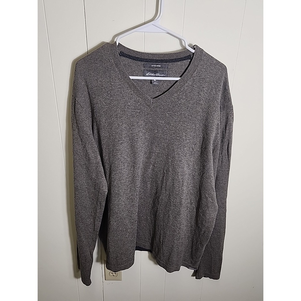 Eddie Bauer Mens Wool V Neck Sweater Size Large Vintage Cotton Merino Wool